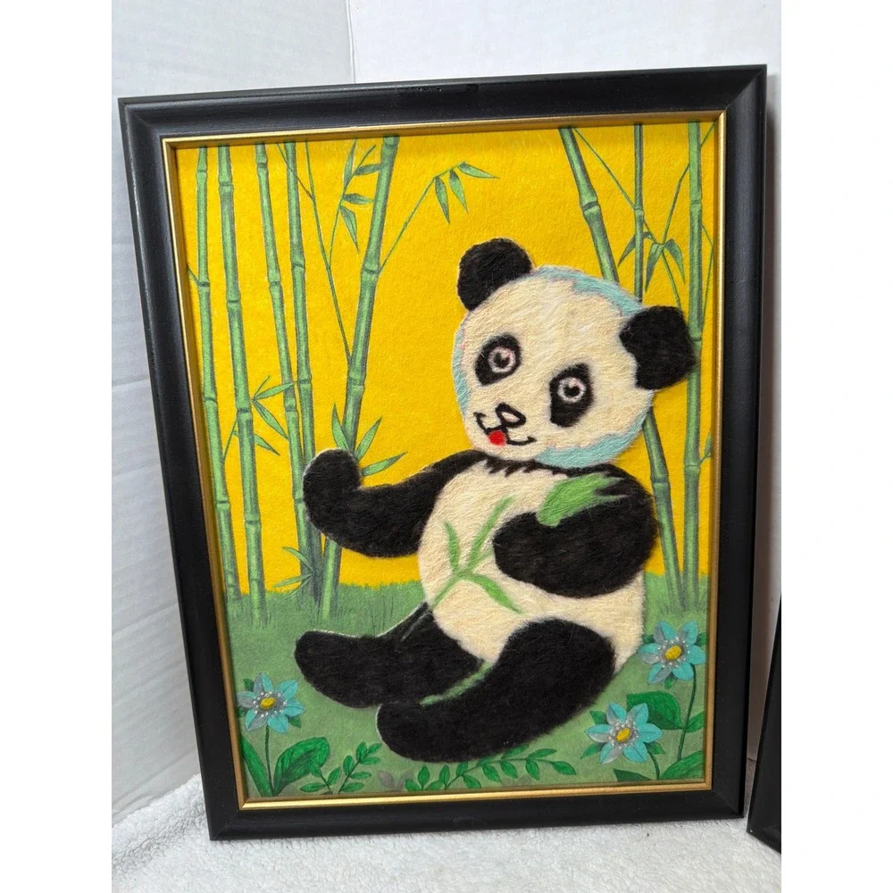 Vintage 60s Handmade Fuzzy Wall Art Kids 10x13 3D Fiber Panda Bunny Set of 2